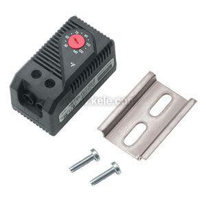 A small black vented thermostat device with a red rotating temperature dial, accompanied by a metal mounting bracket and two screws