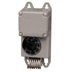 Grey PECO thermostat with black dial and metal coil at the bottom.