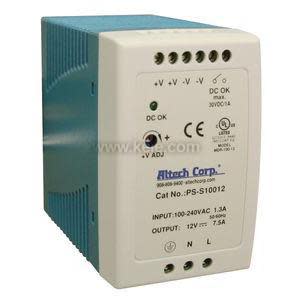 Rectangular industrial power supply with blue ribbed sides and a white front panel containing green terminal holes and status LEDs