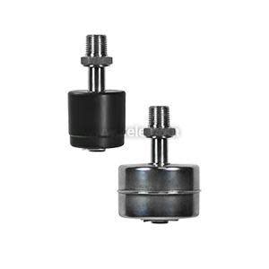 Two liquid level switches—one black and one silver—each with cylindrical float on threaded rod