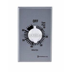 Gray mechanical timer with white knob and 60-minute scale on plate.