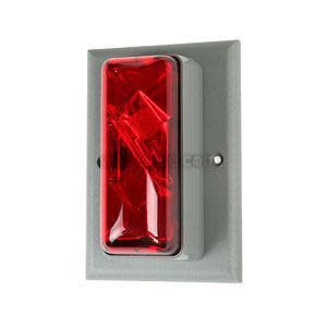 Red strobe light mounted on a grey wall plate.
