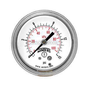 A round pressure gauge with a white face and black and red scale markings reading up to 15 psi and 100 kPa, with a single needle indicator.