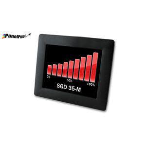 A small rectangular color screen with a black frame displaying a red bar chart labeled 'SGD 35-M' and percentages from zero to one hundred.