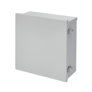 Gray metal box with removable cover secured by two latch clamps on the right side.