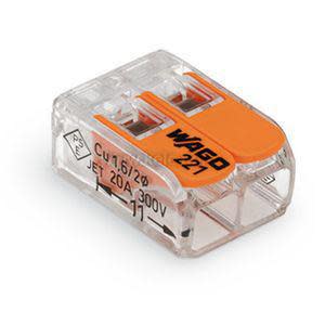 Small transparent connector with two orange flip levers for securing wires.