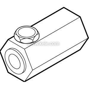Black-and-white illustration of a short hexagonal connector featuring a side bore and a round screw on top