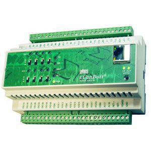 Rectangular electronic module featuring a green circuit-like face, rows of labeled screw terminals on the top and bottom and a small network port.