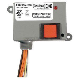 Small grey relay enclosure labeled RIBU1SM-250 featuring a rectangular orange switch and attached orange and black wires