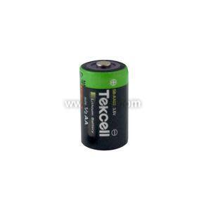 A small cylindrical 3.6‑volt lithium battery with a green band on the top and a black body labeled with the voltage.