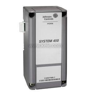 Tall grey rectangular controller labeled System 450 by Johnson Controls with removable side connector