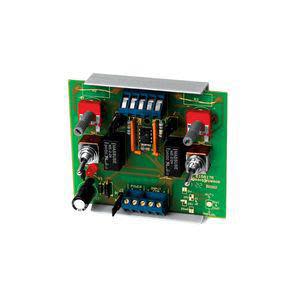 Green electronic board featuring two small knobs, a row of blue DIP switches and green terminal block