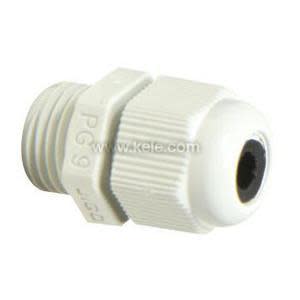 A small white cylindrical connector with screw threads on one end and a domed, ribbed cap, used to clamp a cable.