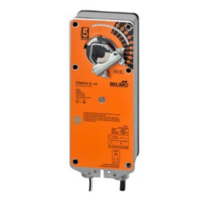 Tall orange rectangular actuator with circular dial and silver lever near top and two wires at bottom.