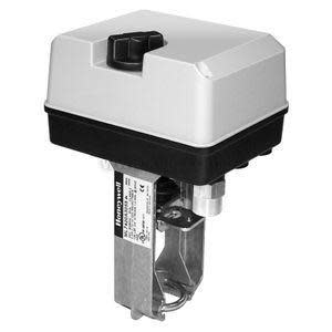 Square grey actuator housing with black dial on top, mounted on a vertical metal bracket.