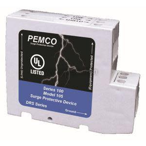 Rectangular black surge protector with yellow lightning graphic on the front