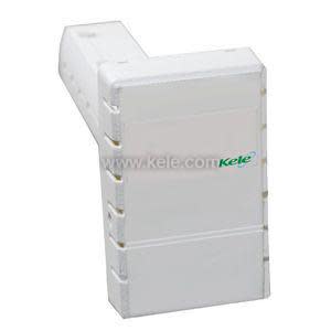 L-shaped white plastic housing with Kele logo on the side, used as an enclosure for electrical devices