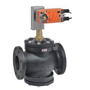 Large black flanged valve with orange Belimo actuator on top.