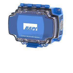 Blue rectangular box with transparent hinged lid and side vent patterns labeled carbon monoxide sensor.