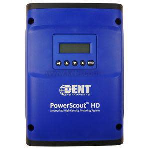 Blue rectangular box labelled PowerScout HD with a small rectangular screen above four arrow buttons; the edges have screw holes for mounting.