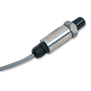 Cylindrical stainless steel probe with black cap at one end, hex nut and grey cable sealed through gland