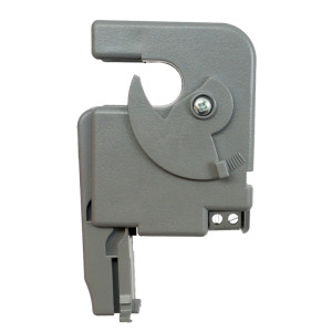 Grey hinged current transducer sensor with large curved lever and mounting base