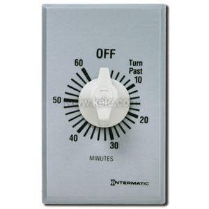 Rectangular wall timer showing a white knob labelled OFF at top and tick marks from 0 to 60 minutes.