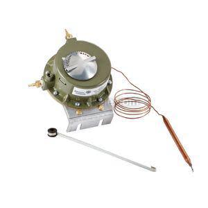 Round green thermostat with dial, copper capillary tube and long actuator rod.