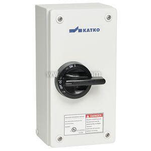 A slender white box with a black circular handle labeled off and on and a warning label underneath.