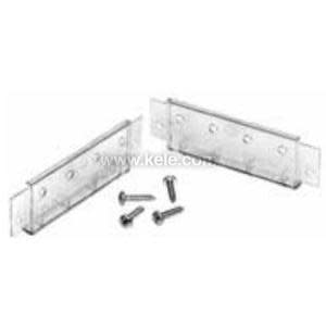 Two small rectangular strips with evenly spaced holes and four separate screws arranged nearby.