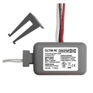 Compact grey electrical module labeled CLC106-NC with a printed label, colored wires emerging from one end, and an included grey mounting clip.