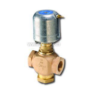 Brass three-way valve with silver actuator.