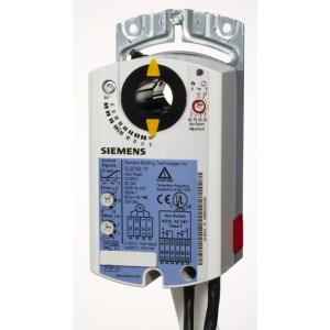 White rectangular actuator with a black circular dial with yellow pointer and black cables extending from the bottom