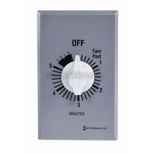 Grey timer wall plate with a white rotary knob, minute markings from 1 to 5, a hold segment, and an off label at the top.