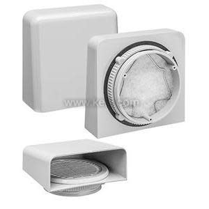 A modular ventilation assembly for electrical enclosures, showing a gray rectangular hood with a louvered front opening, a rear section housing a round filter, and a matching snap-on cover.