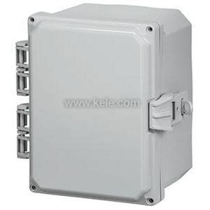 A compact gray box with a hinged door and a latch closure on one side.