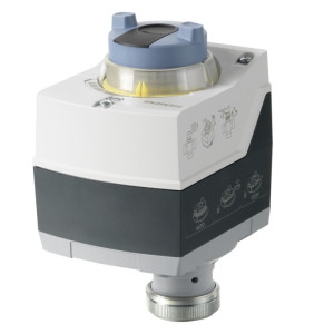 Compact square actuator with white upper section, dark base and blue dial on top with manual/auto scale.