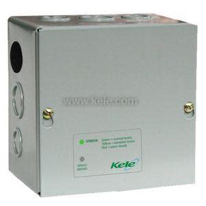 Small grey metal enclosure labeled with green and red status descriptions and two mounting screws