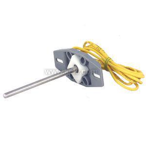 Temperature probe with yellow cable attached to a grey flanged housing