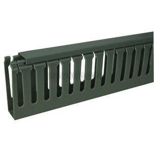 Long grey plastic wiring duct with evenly spaced rectangular slots and a snap‑on top cover
