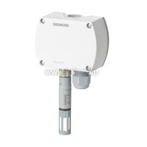 White Siemens sensor unit with rounded rectangular casing and a vertical grey probe with slotted openings for measuring air conditions.