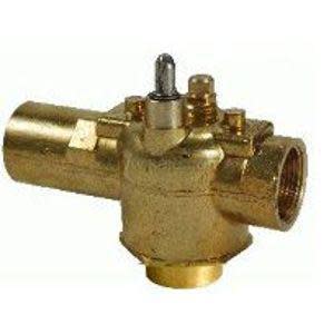 Image of a brass valve with multiple threaded openings and a small vertical metal stem on top.