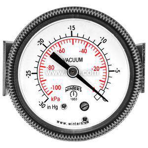 Front view of a round vacuum gauge with a ribbed metal edge and mounting ears, white face labeled vacuum with red and black scale for negative pressure.