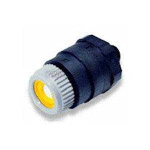 Small black cylindrical connector with yellow center and grey ring