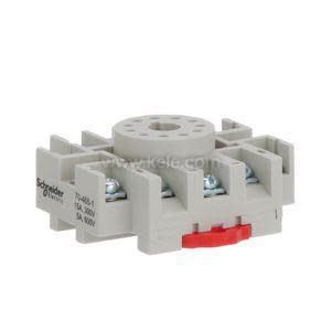 Grey relay base with eight terminals and red clip