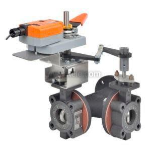 An assembly of two grey flanged valves connected by a linkage and operated by a small orange electric actuator with a manual lever on a grey mounting plate, shown against a white background.