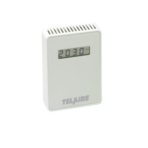 Small white wall-mounted CO2 sensor with a vented top and a digital display reading 2030 ppm.