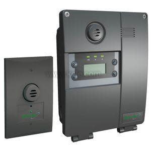 Dark grey propane gas monitor with small screen, status lights and circular vent plus separate wall sensor