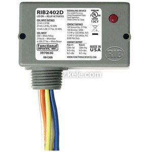 Small grey rectangular box with label, red LED and several colored wires coming out of the bottom.