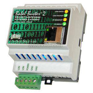White DIN rail module labelled 'Babel Buster 2' with a green matrix graphic, an Ethernet port and several coloured status lights